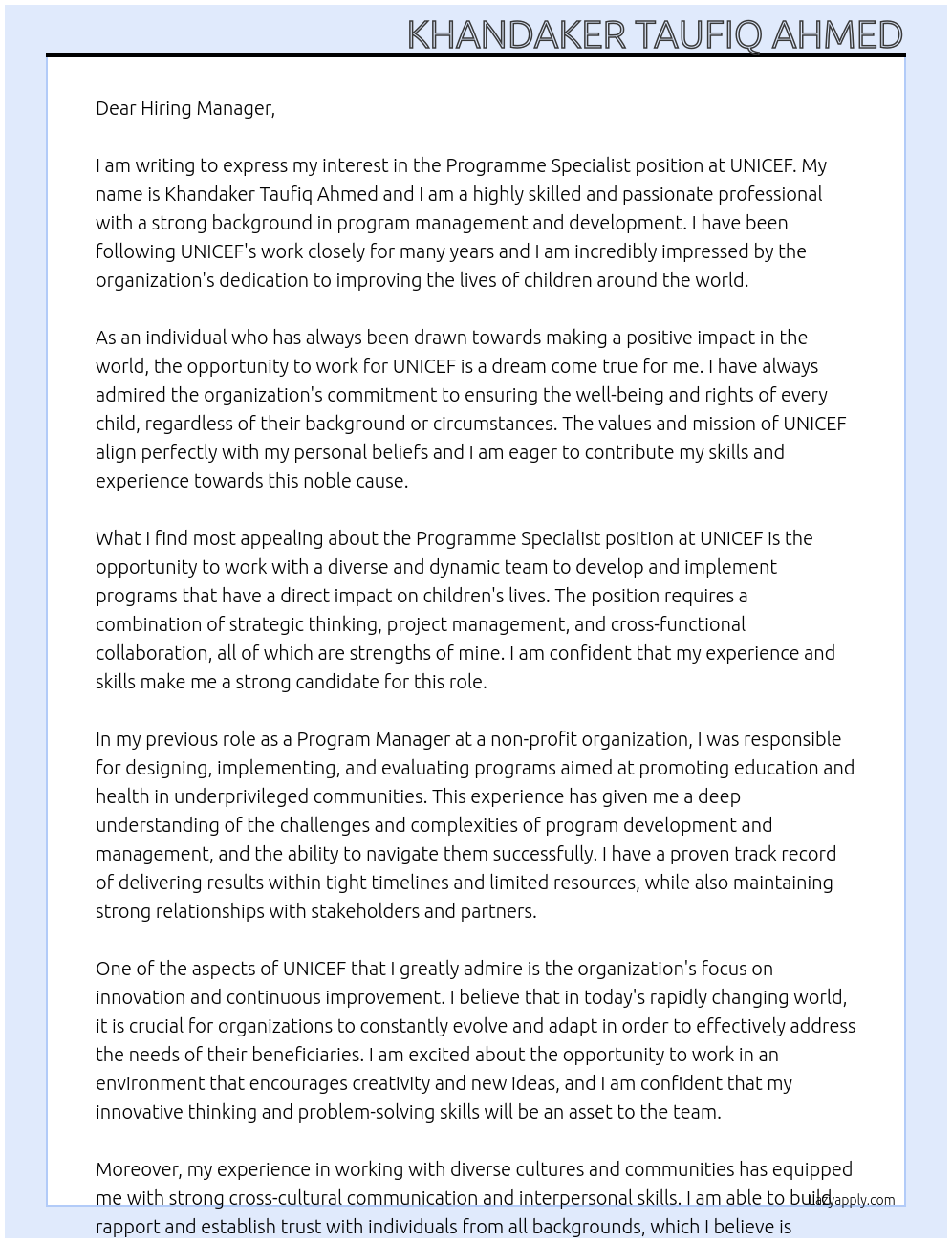 Programme Specialist  At UNICEF Cover Letter