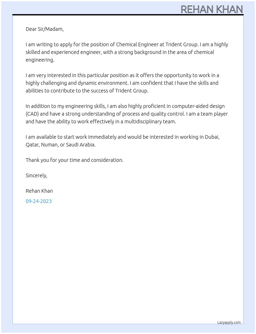 Chemical engineering At Trident group Cover Letter