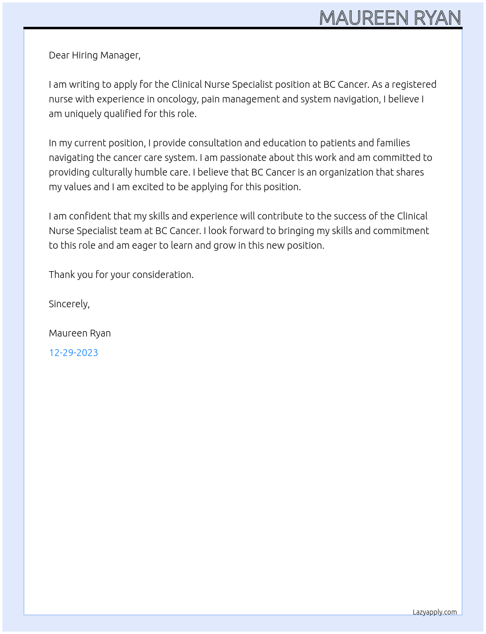 Clinical Nurse Specialist  At BC Cancer Cover Letter