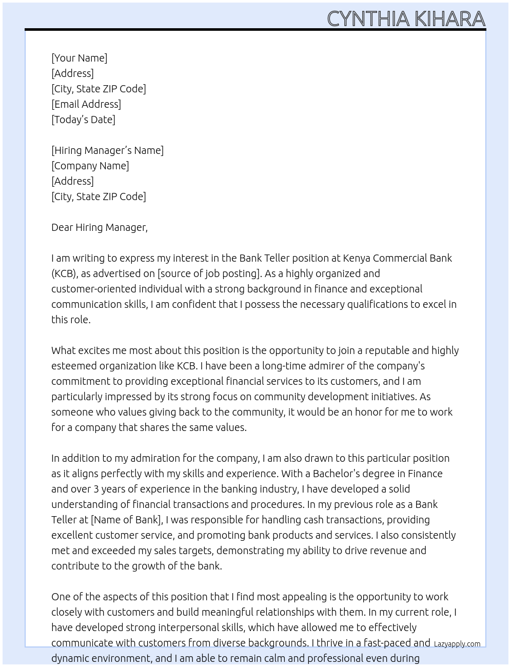 Bank teller At Kenya Commercial Bank(KCB) Cover Letter