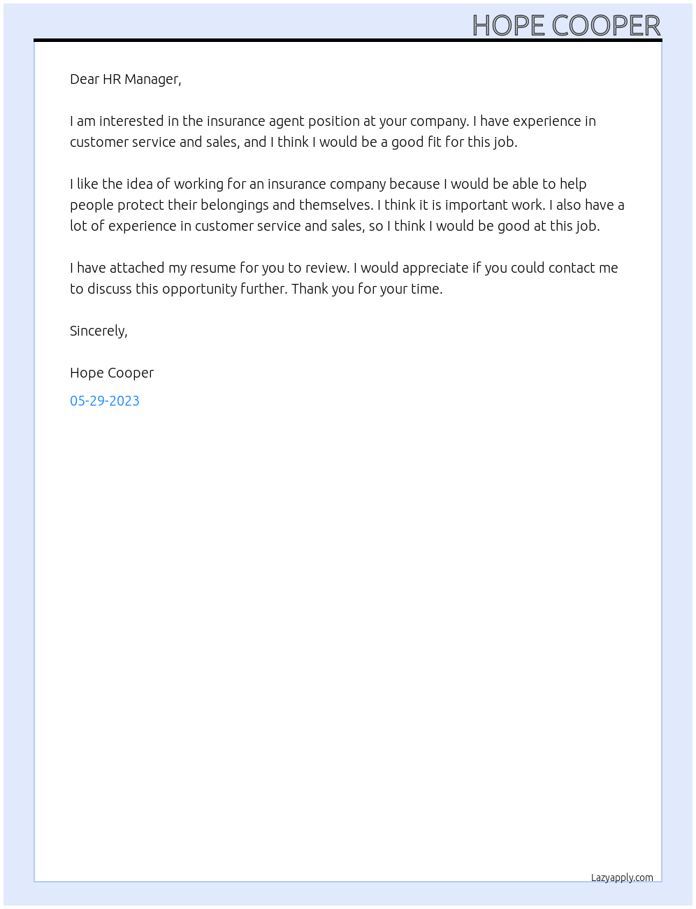 Insurance Agent At Insurance Company Cover Letter