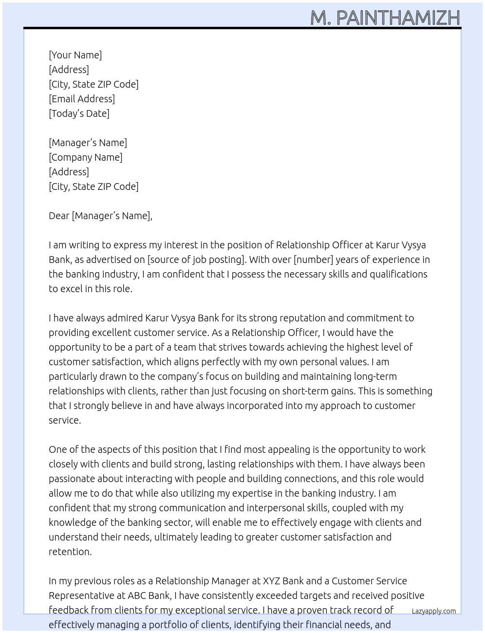 Relationship officer At Karur vysya bank Cover Letter