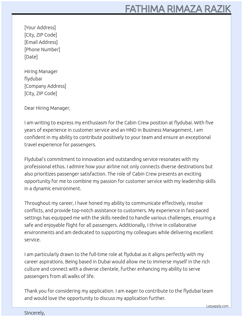 Cabin Crew At flydubai Cover Letter