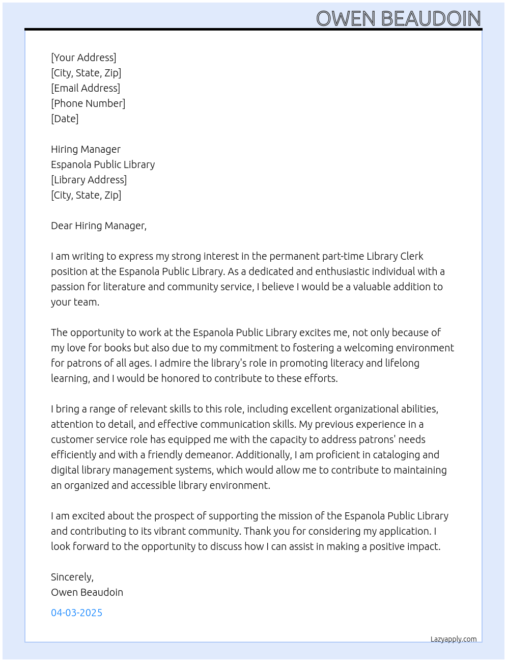 Cover letter for library clerk - LazyApply