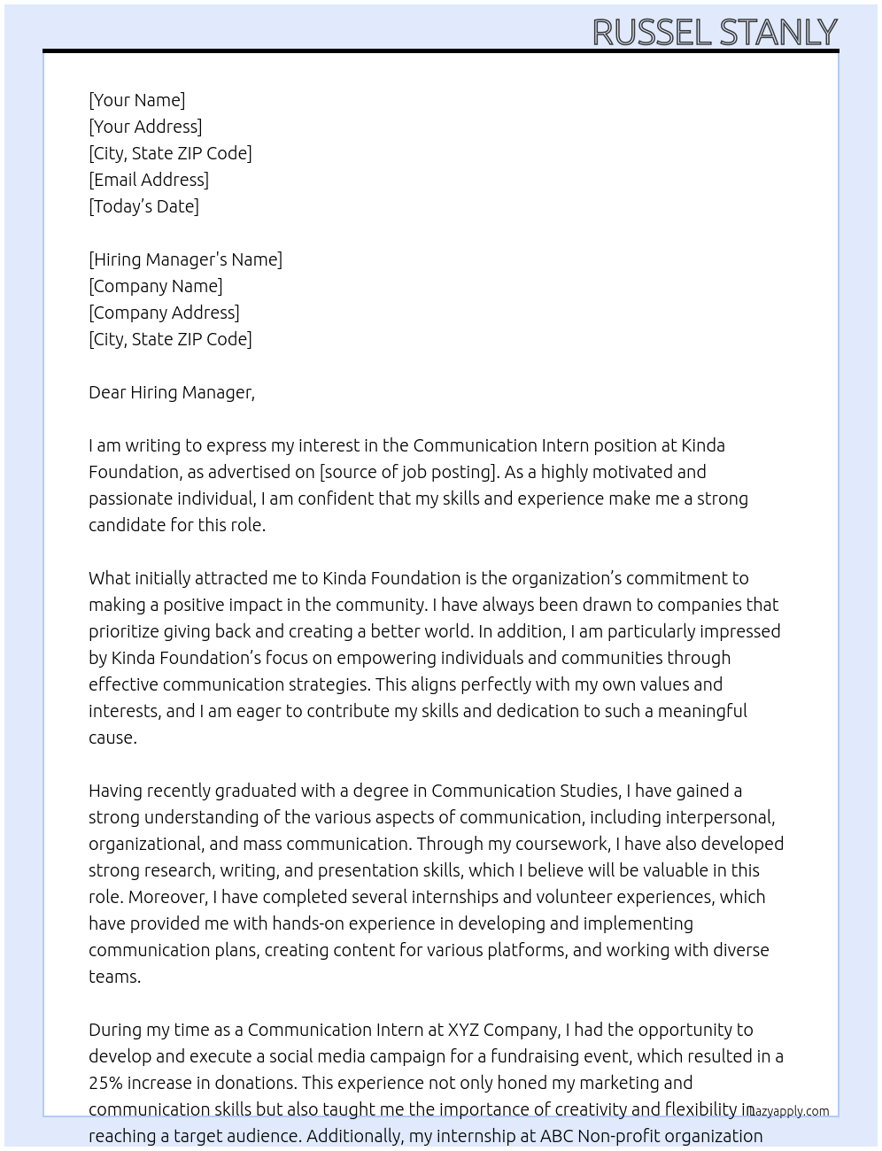 Communication Intern At Kinda foundation Cover Letter