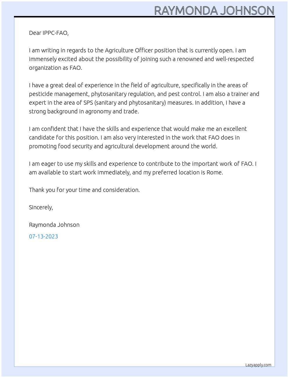 agriculture officer At FAO Cover Letter