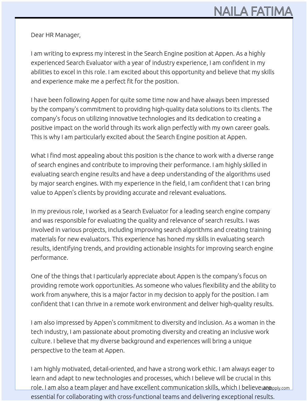 Search engine At Appen Cover Letter