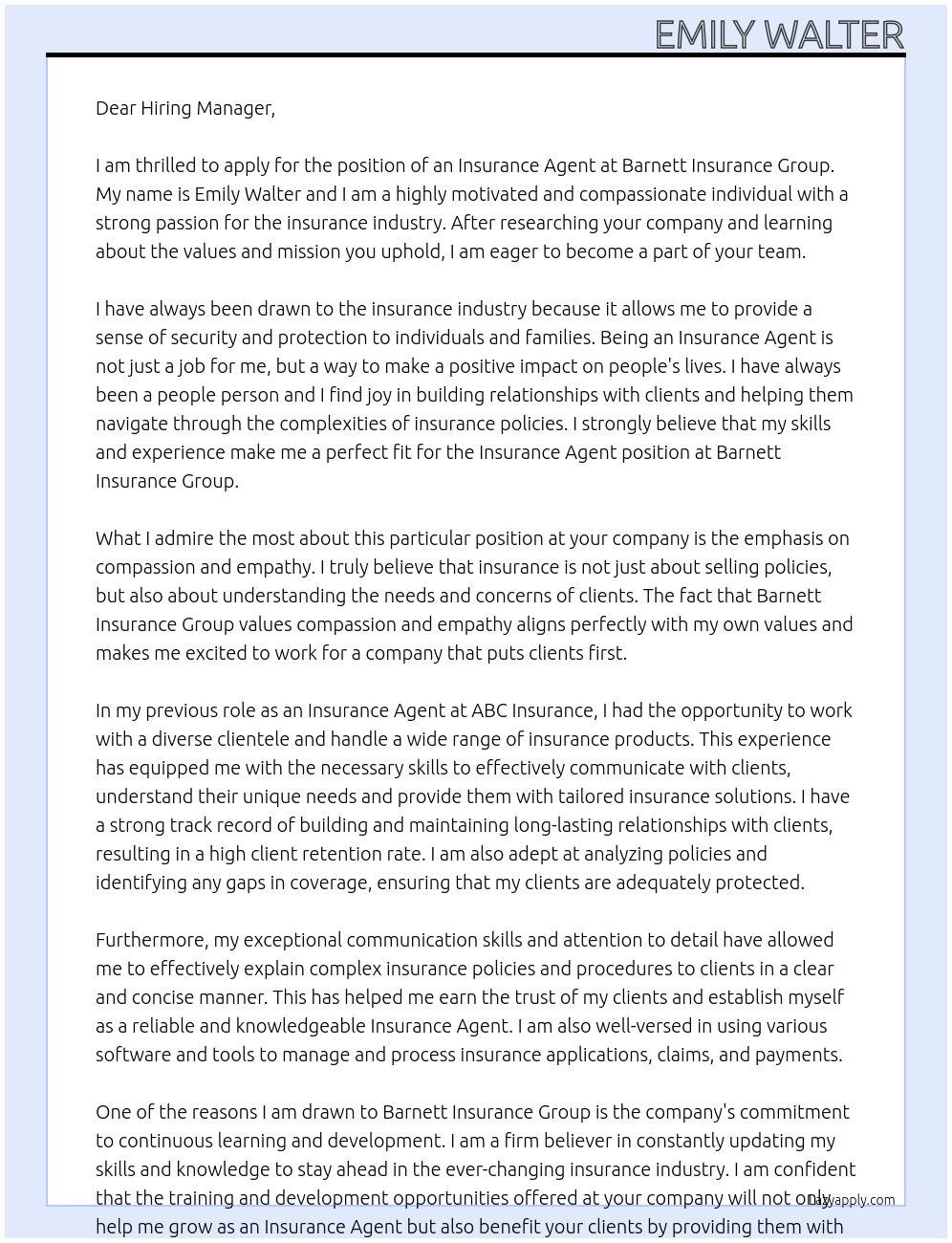 Insurance Agent At Barnett Insurance Group Cover Letter