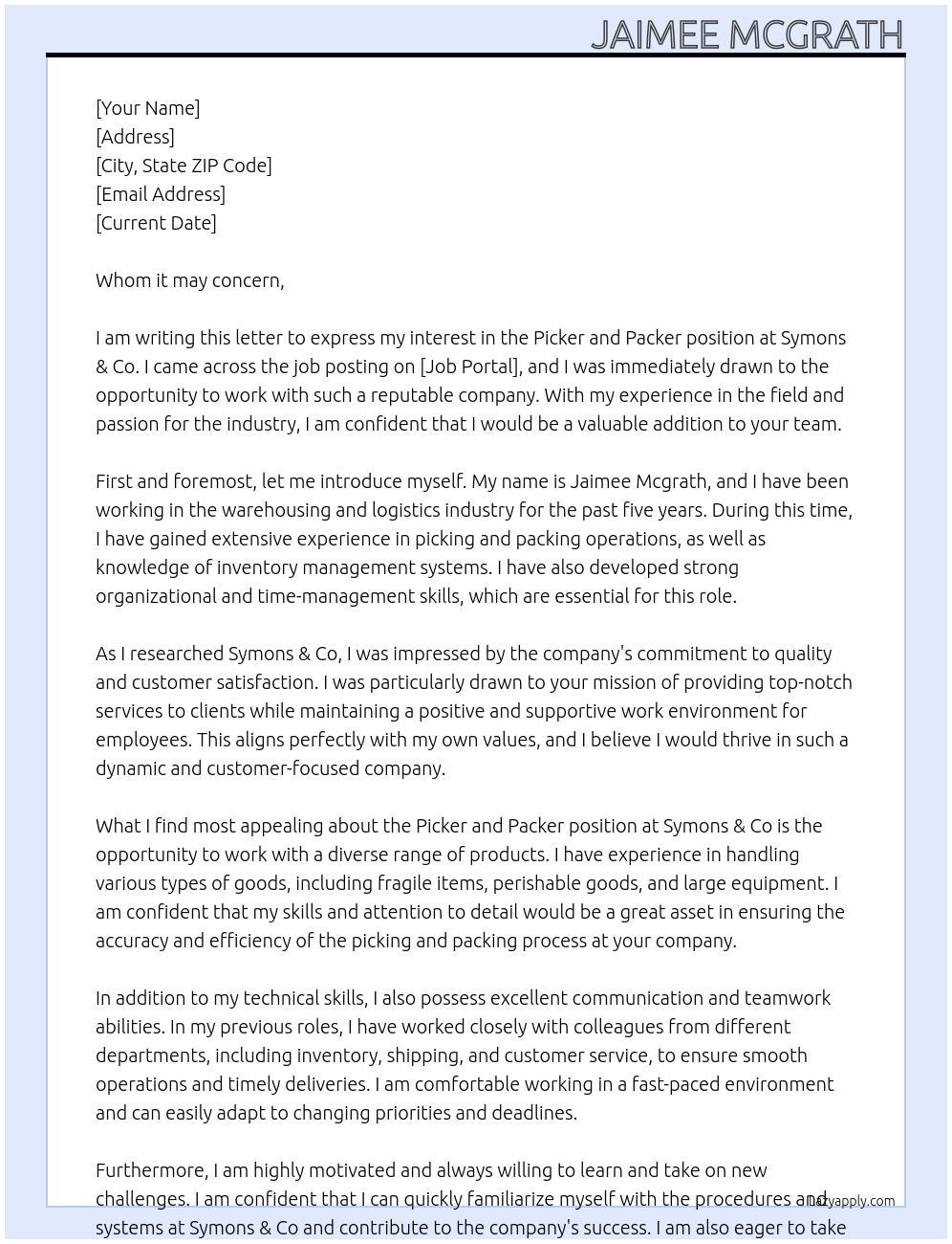 Picker and packer At Symons & Co Cover Letter