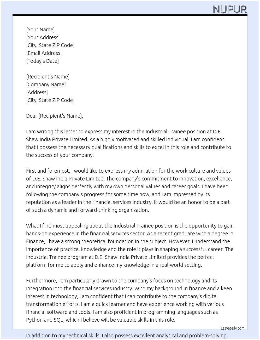 Industrial Trainee At D.E. Shaw India Private Limited Cover Letter