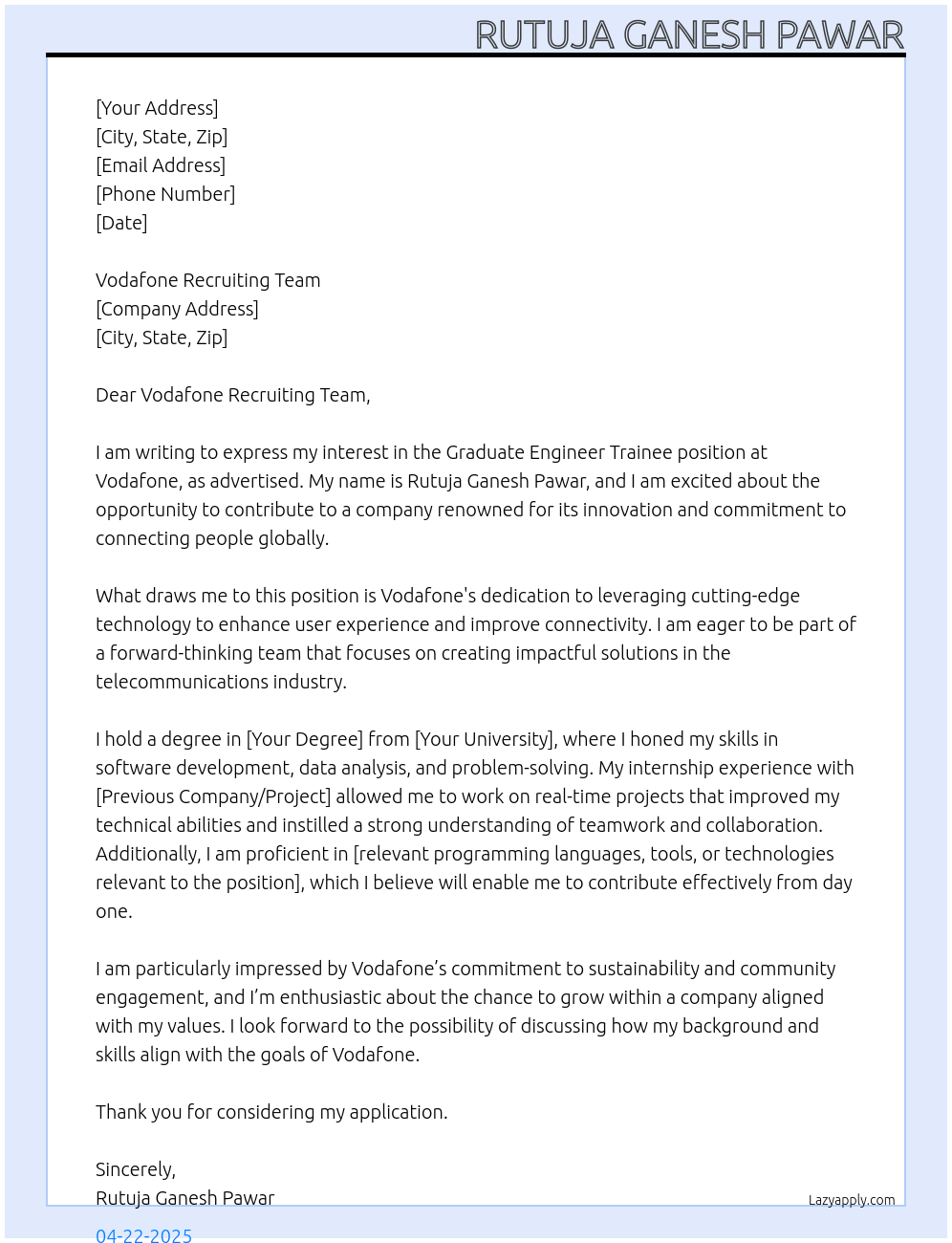 Graduate Engineer Trainee At Vodafone Cover Letter