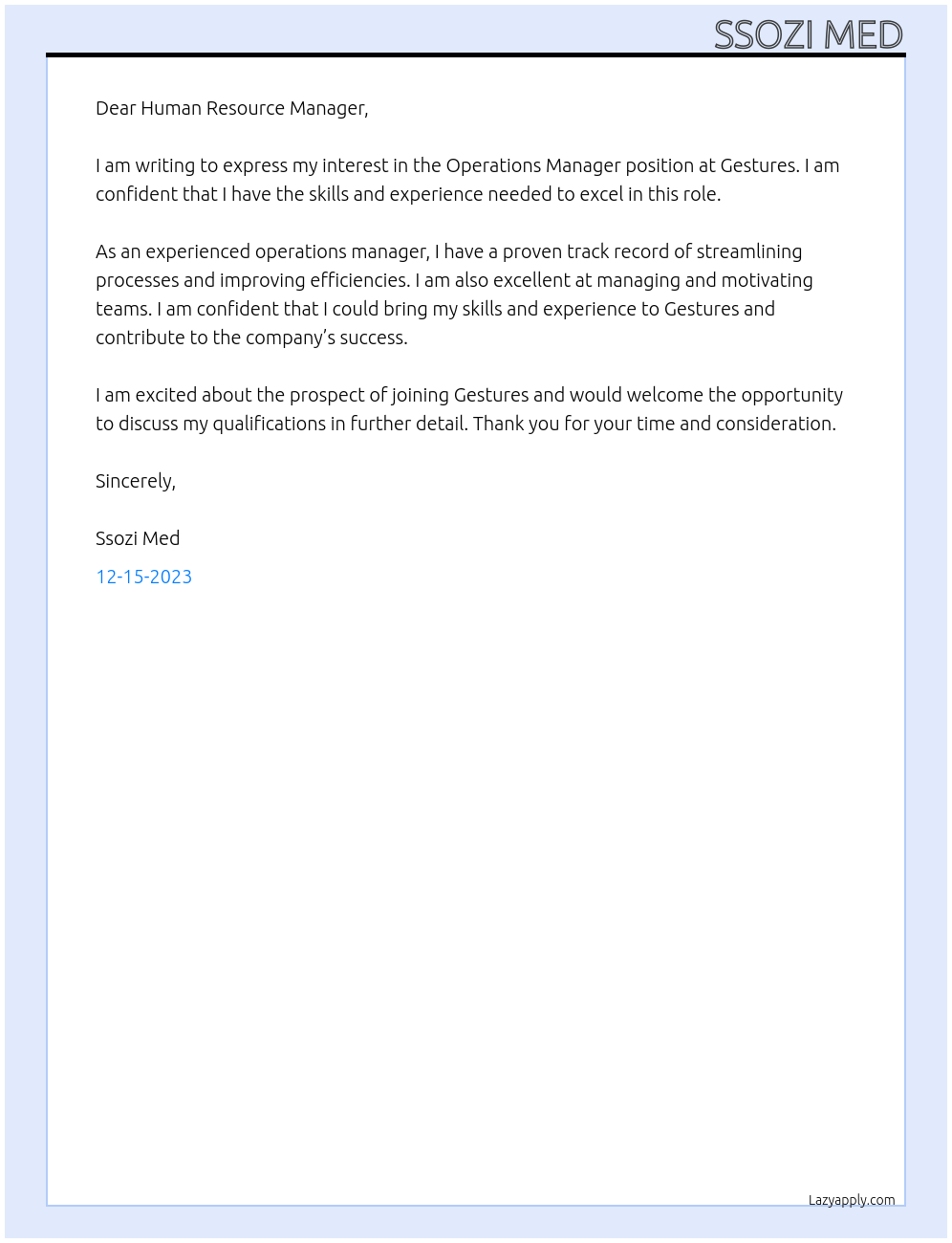 operation manager At gestures Cover Letter