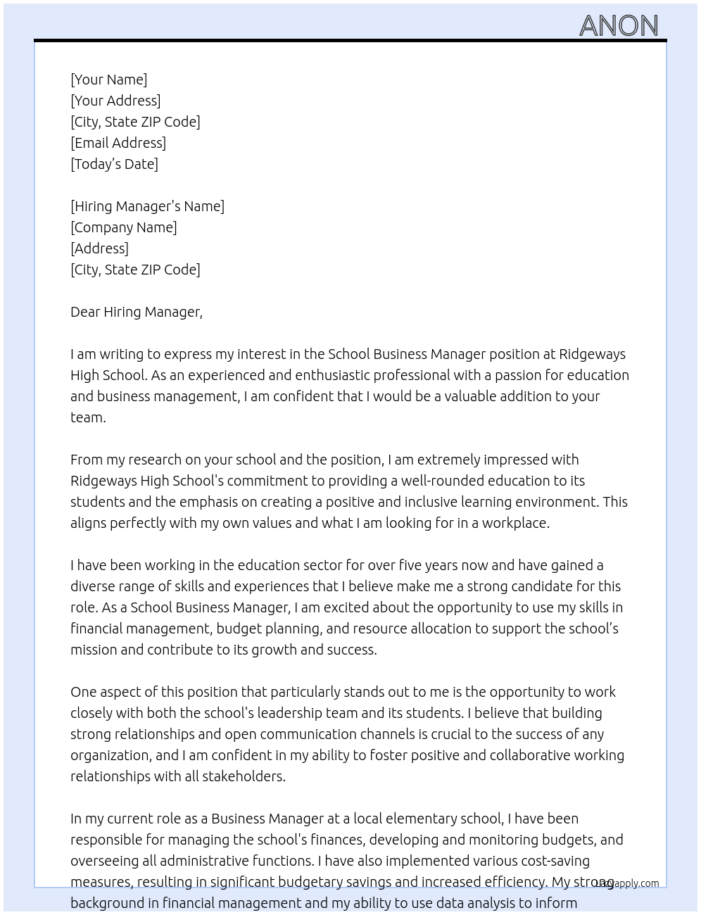School Business Manager At Ridgeways High School Cover Letter