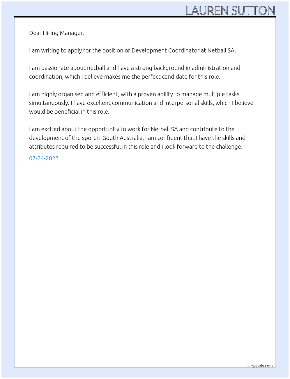 Development Coordinator At Netball sa Cover Letter