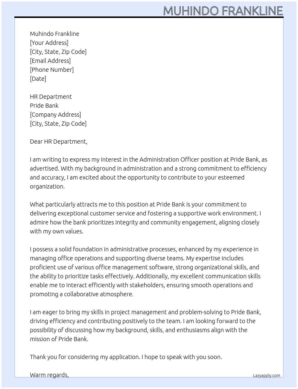 Administration officer At Pride bank Cover Letter