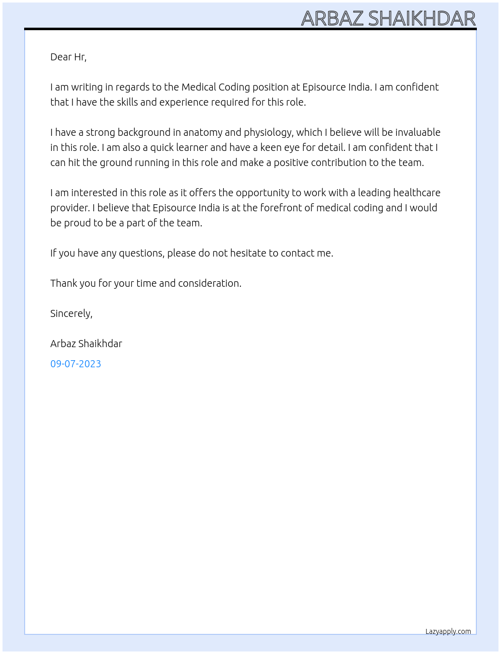 Medical Coding  At Episource india Cover Letter