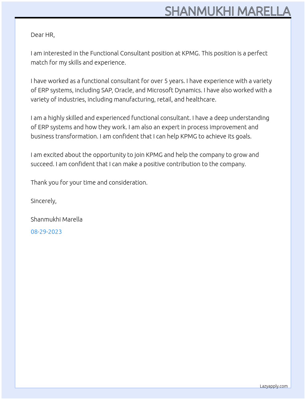 Functional Consultant At KPMG Cover Letter