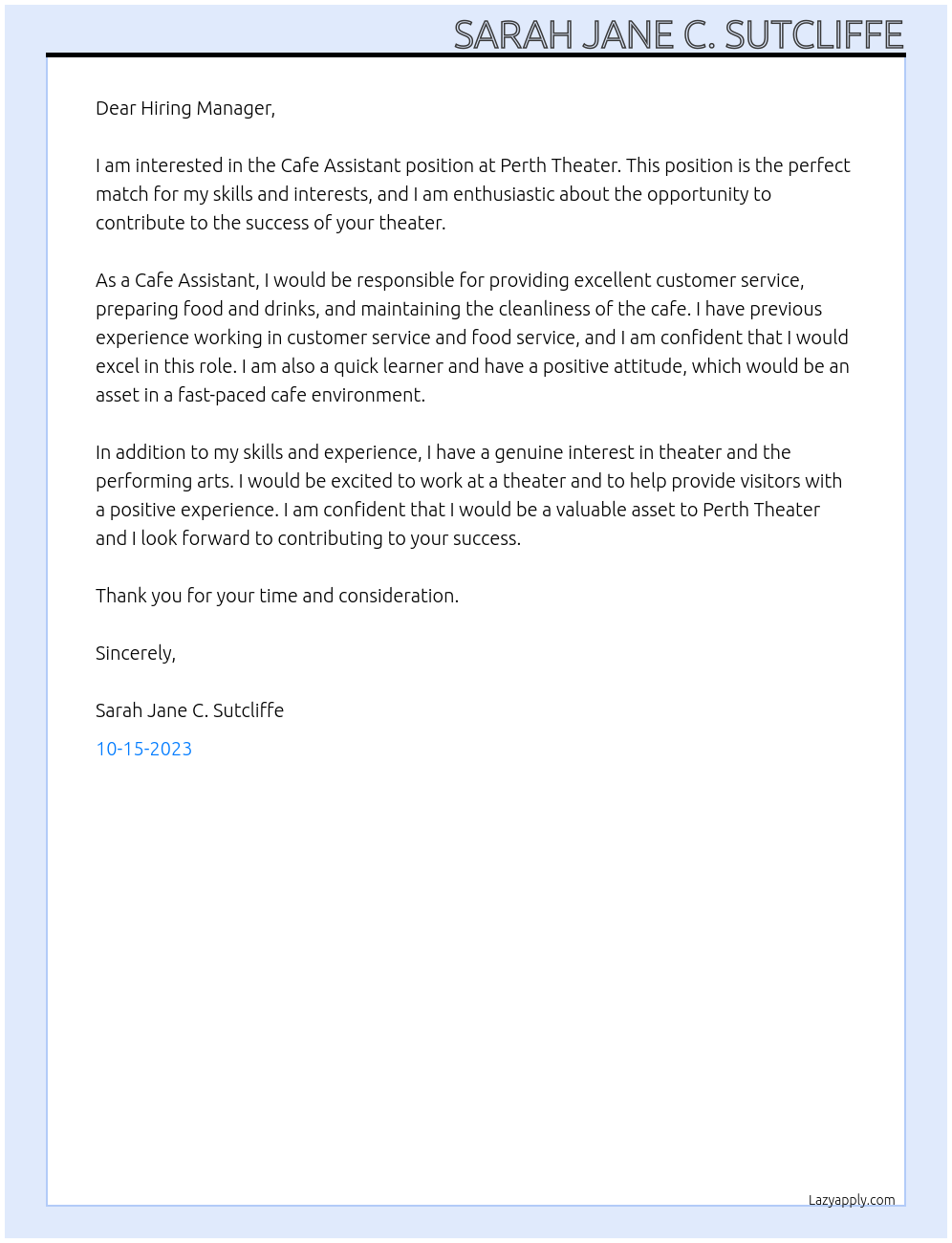 Cafe Assistant  At Perth Theater  Cover Letter