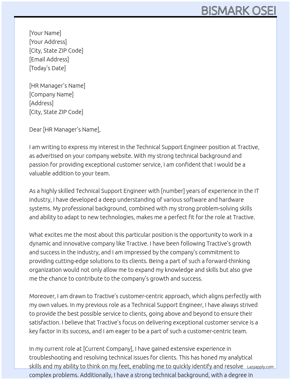 Technical Support Engineer At Tractive Cover Letter