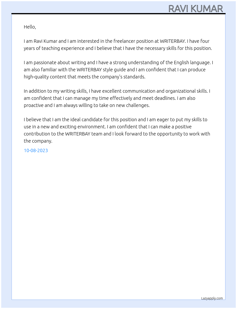 Freelancer At WRITERBAY Cover Letter