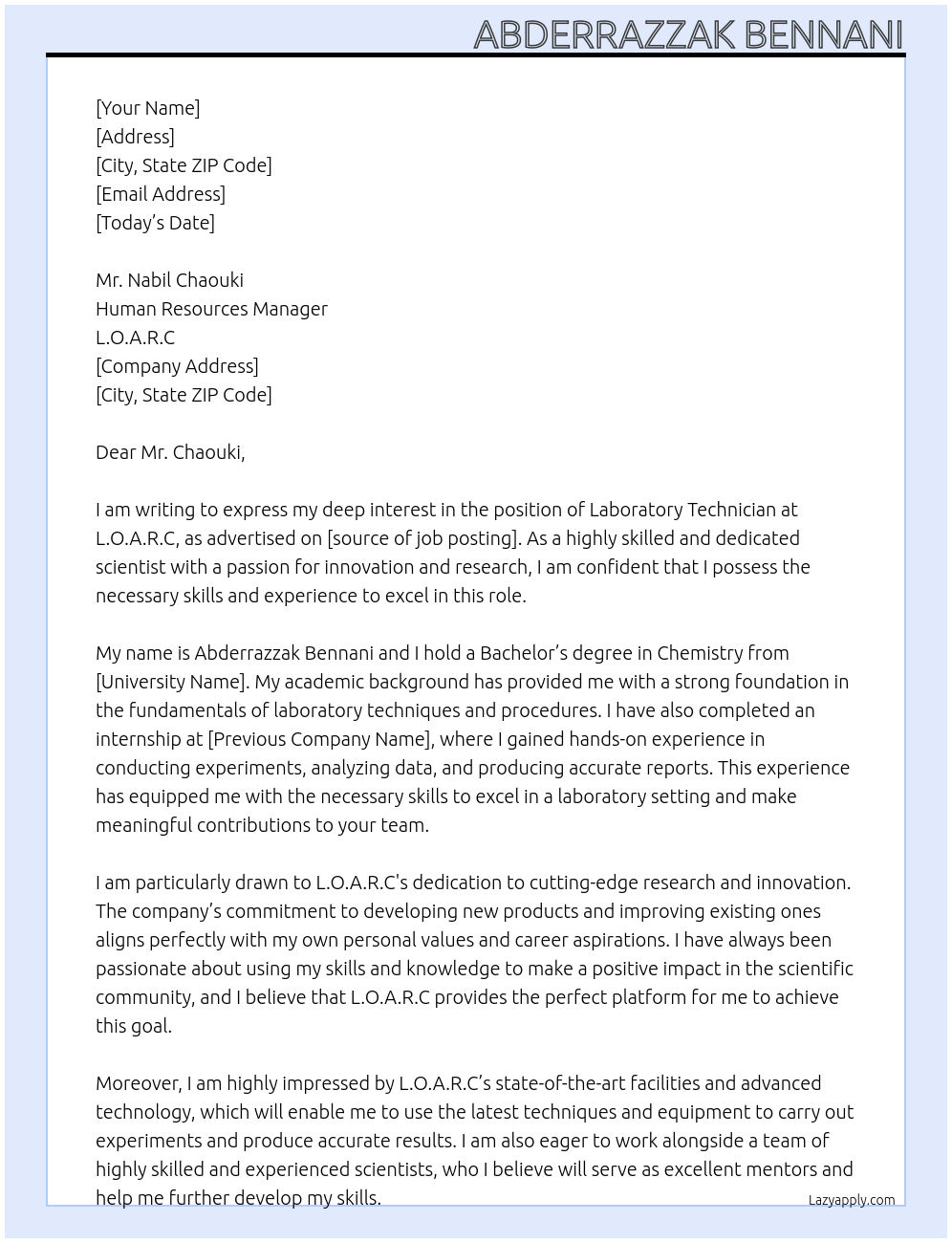 laboratory technician At L.O.A.R.C Cover Letter