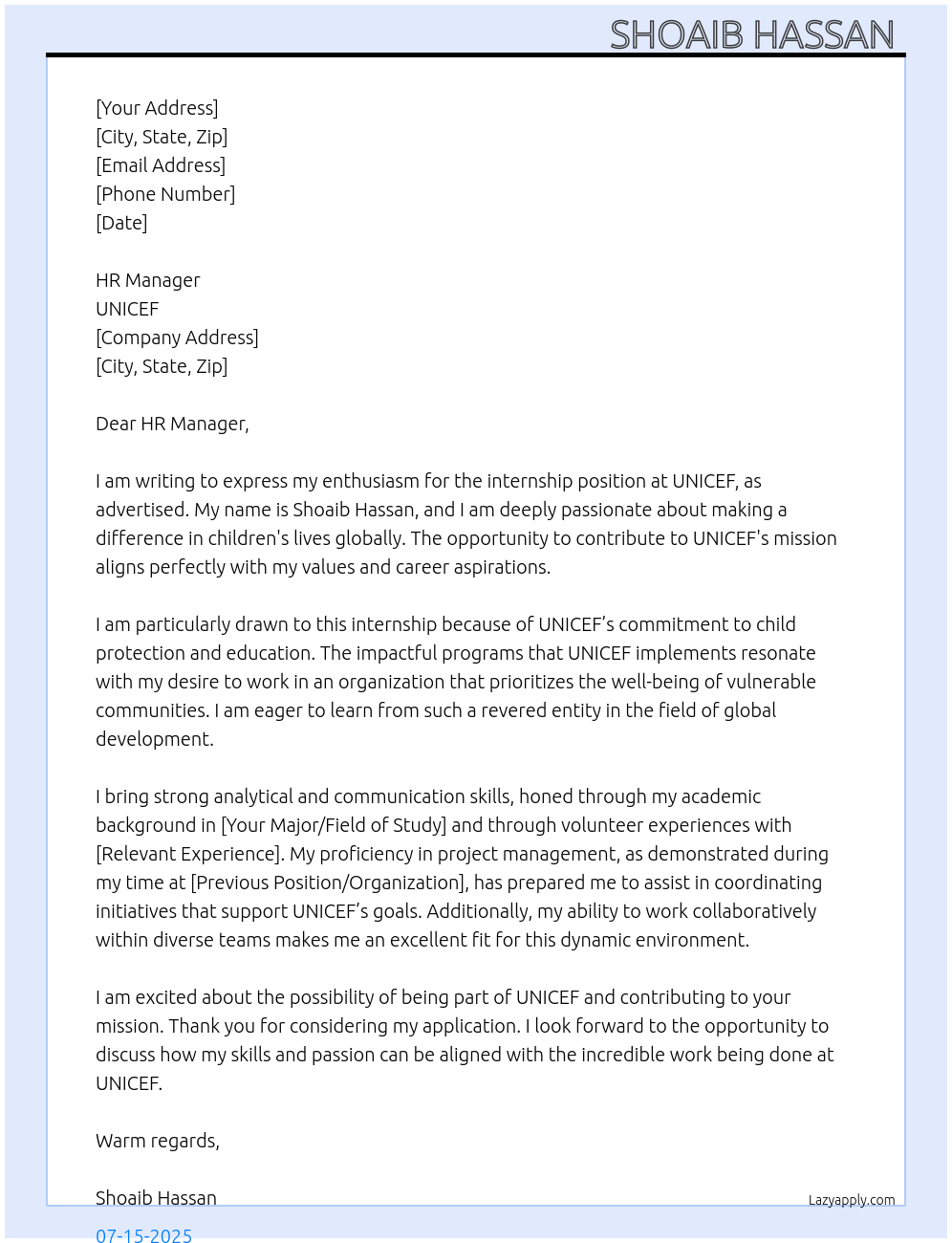 Unicef internship At Unicef Cover Letter