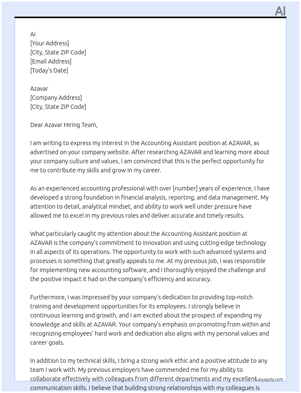 Accounting assistant At AZAVAR Cover Letter