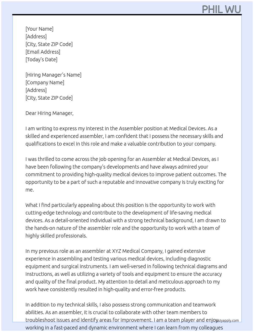 Assembler At Medical devices Cover Letter