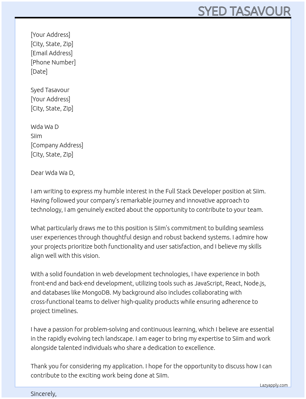 Full Stack Developer At Siim Cover Letter