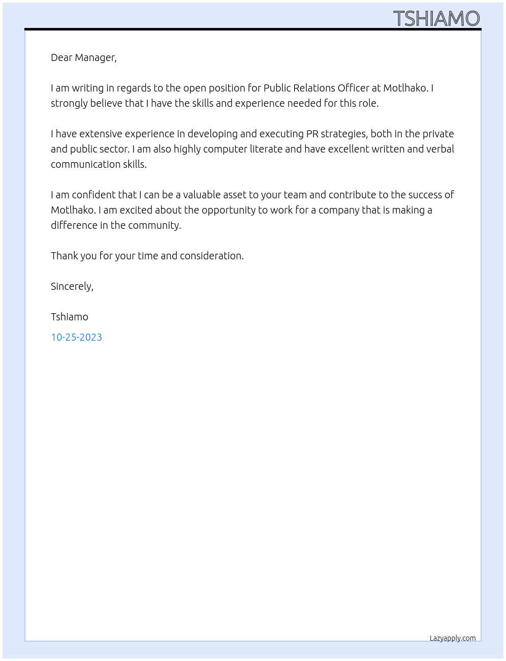 Public Relations Officer At Motlhako Cover Letter