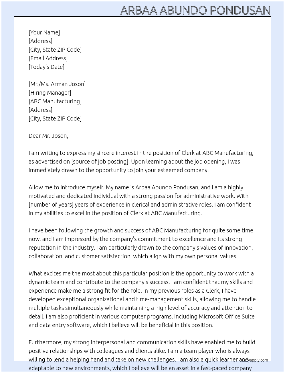 CLERK At ABC MANUFACTURING Cover Letter