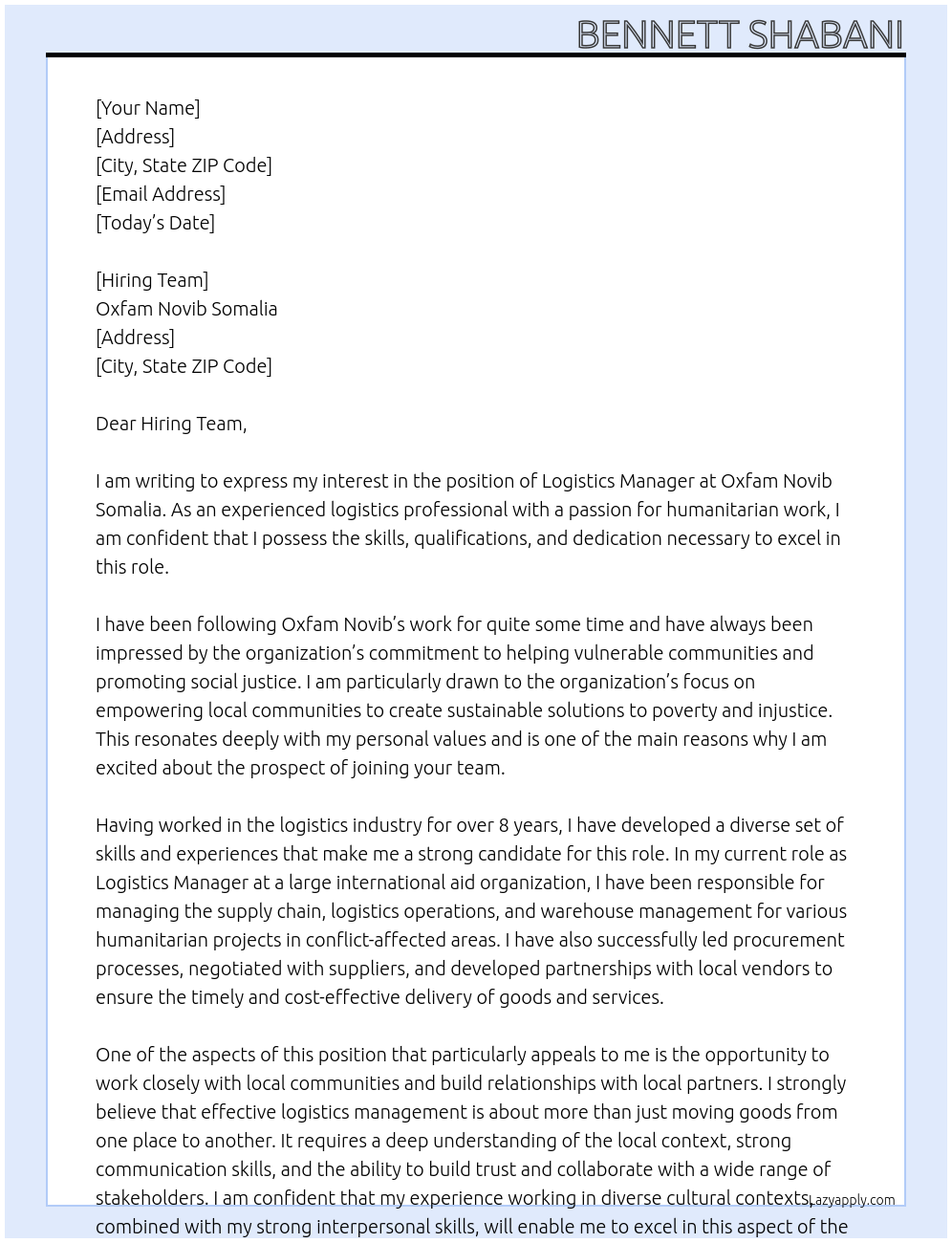 Logistics Manager At Oxfam Novib Somalia Cover Letter