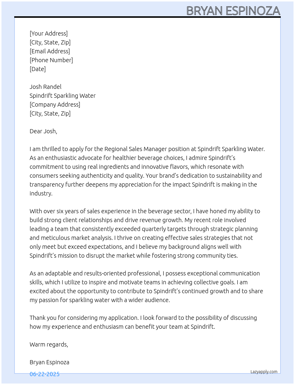 Regional Sales Manager At Spindrift Sparkling water Cover Letter