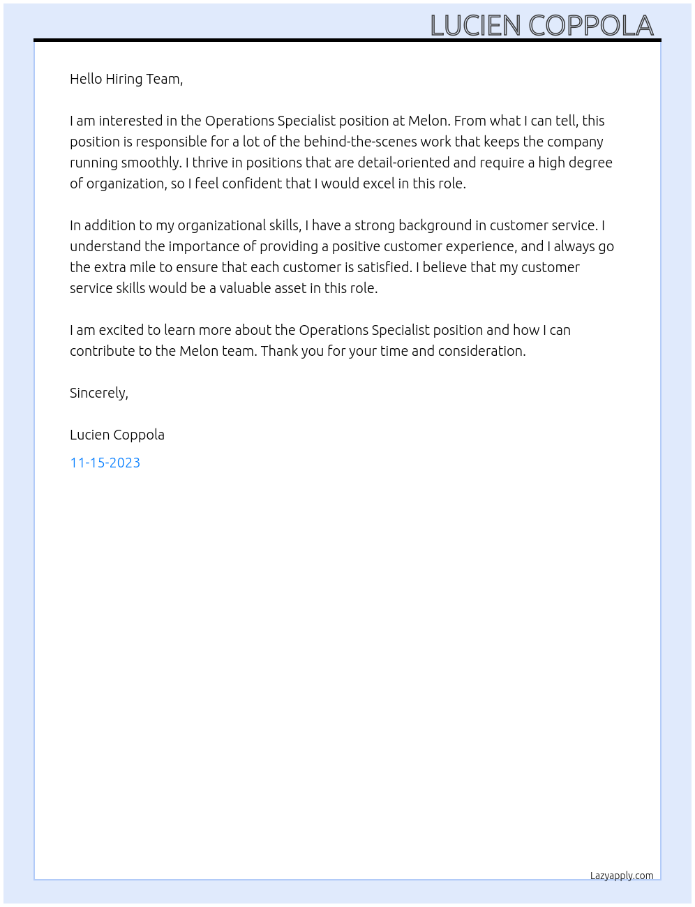 Operations Specialist At Melon Cover Letter