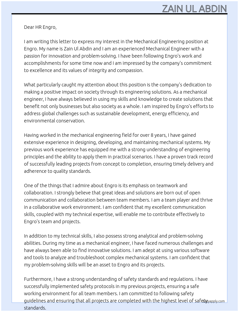 Mechanical Engineering At Engro Cover Letter