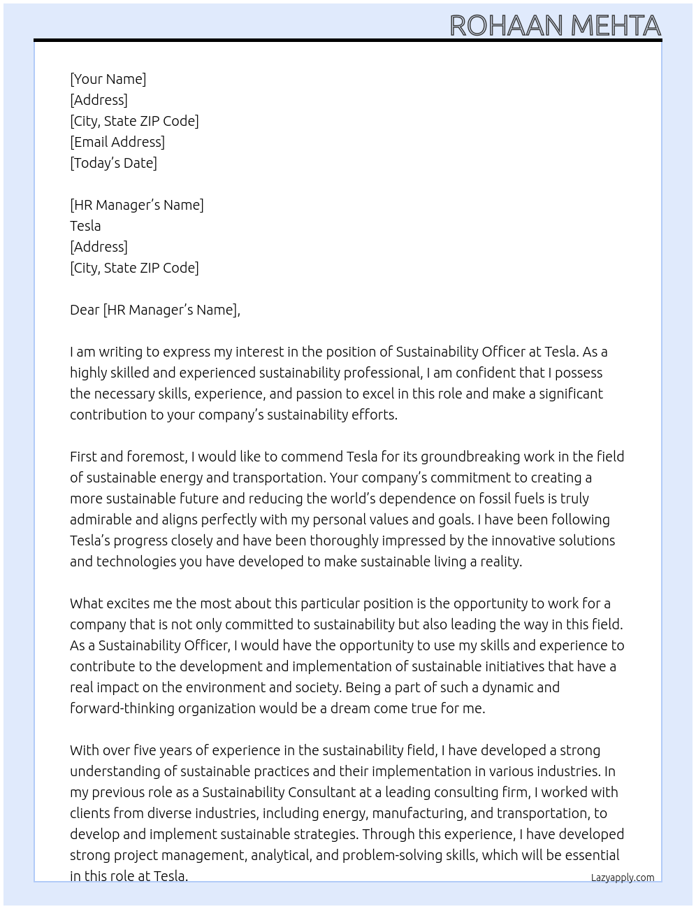 sustainability officer At tesla Cover Letter
