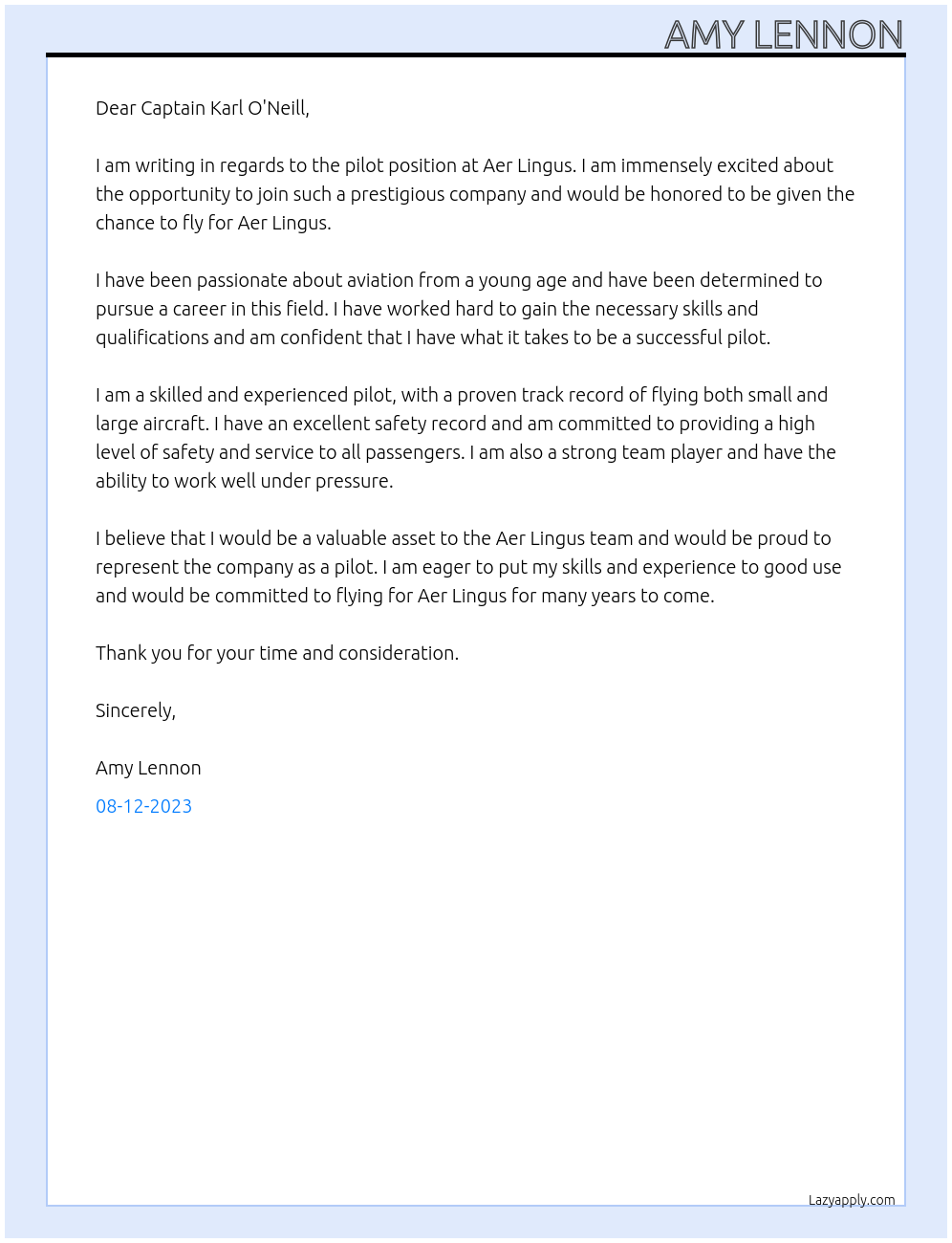 Pilot At Aer Lingus Cover Letter