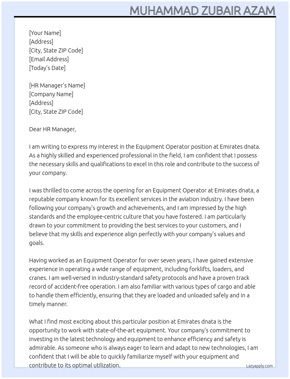 equipment operator At Emirates dnata Cover Letter
