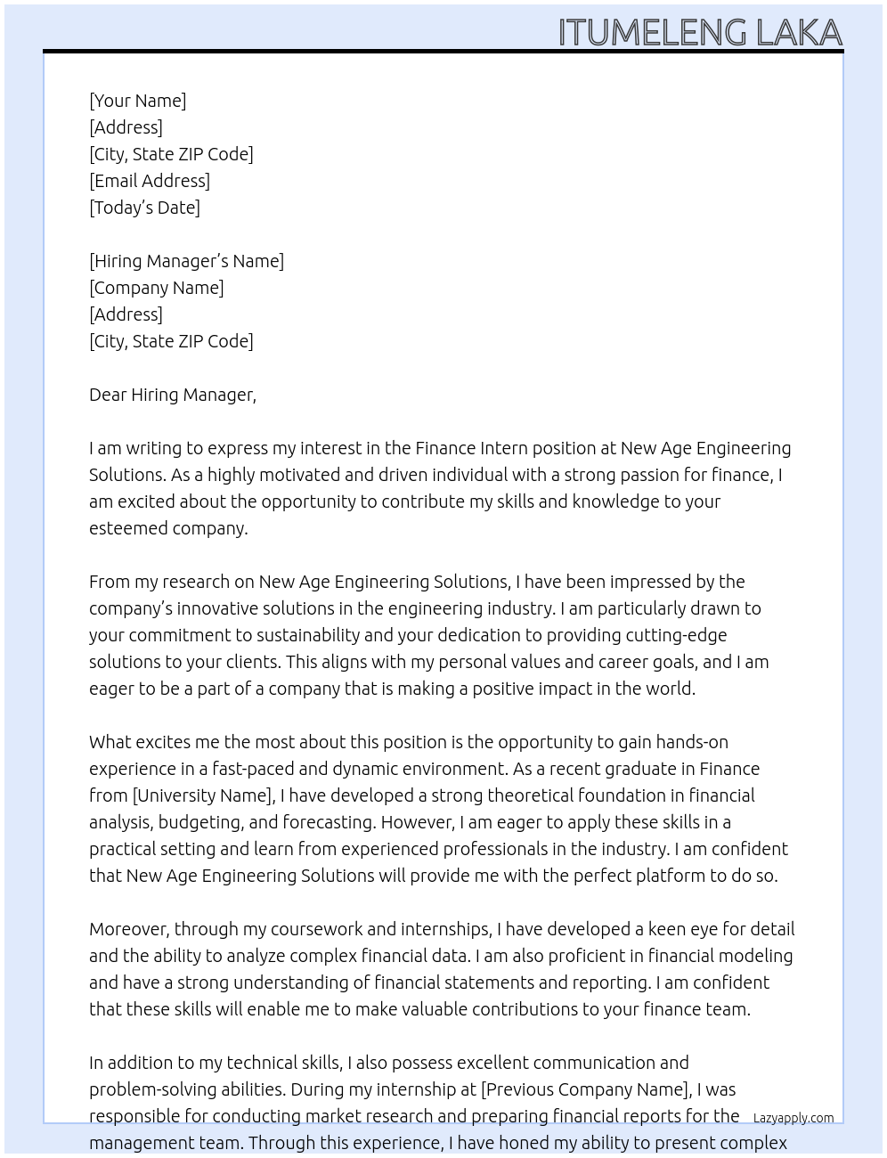 finance intern At NEW AGE ENGINEERING SOLUTIONS Cover Letter