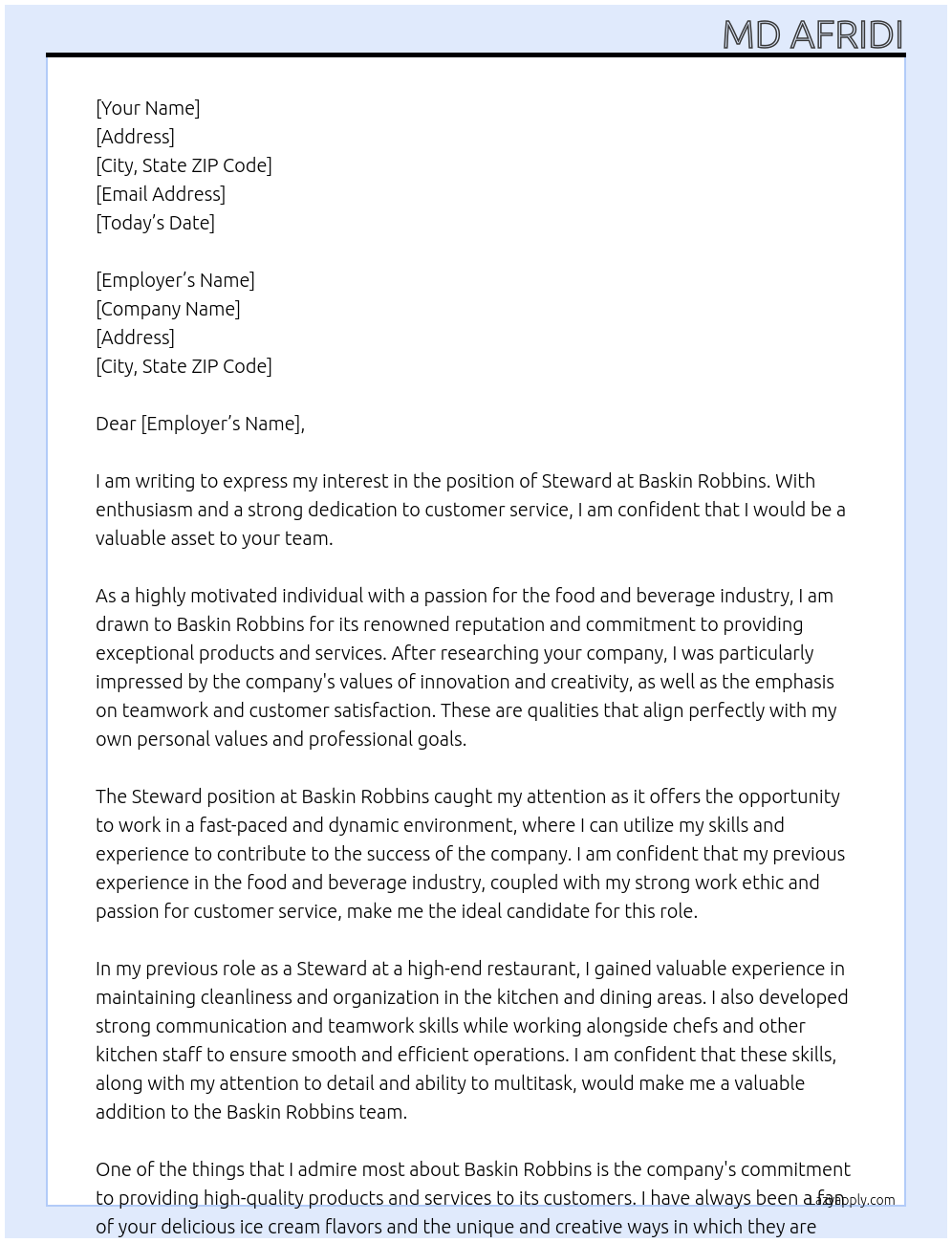 Steward  At Baskin robbins Cover Letter