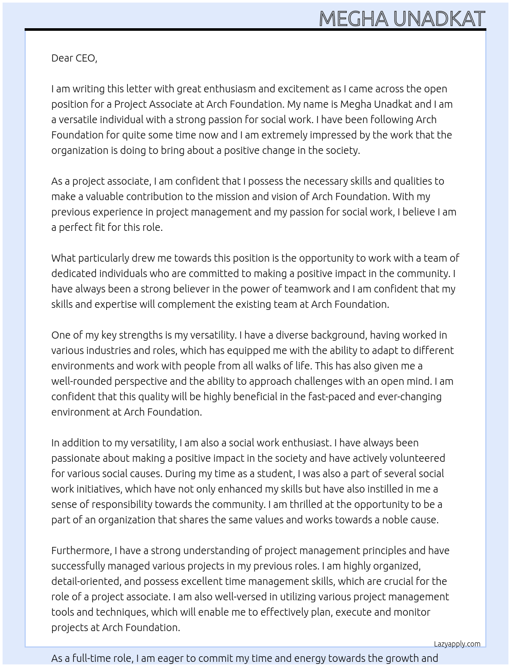 Project associate At Arch foundation  Cover Letter