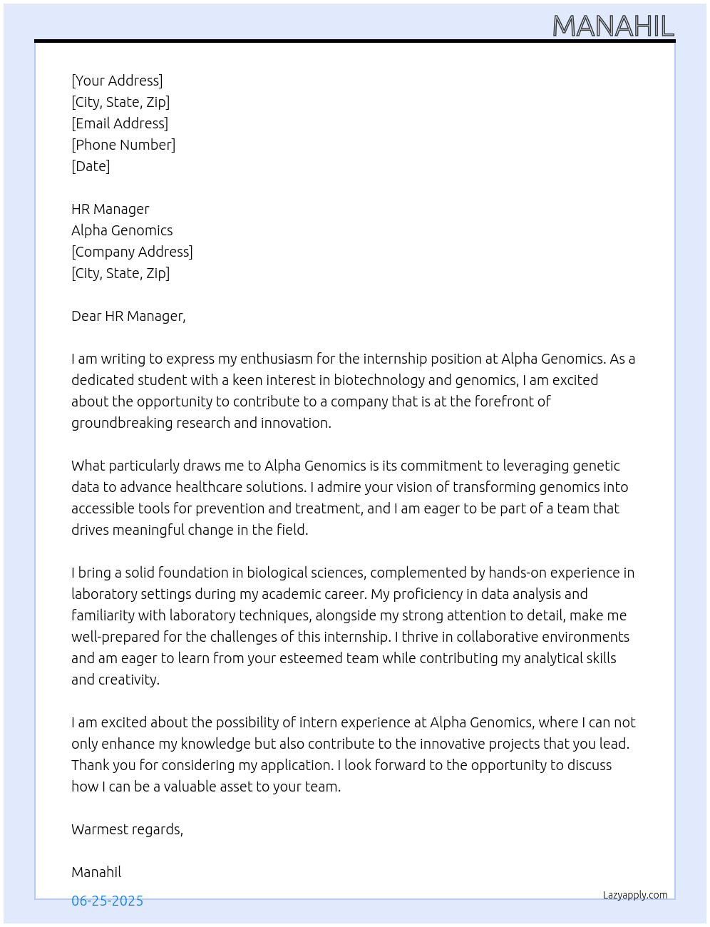 Intern At https://www.alphagenomics.co/ Cover Letter