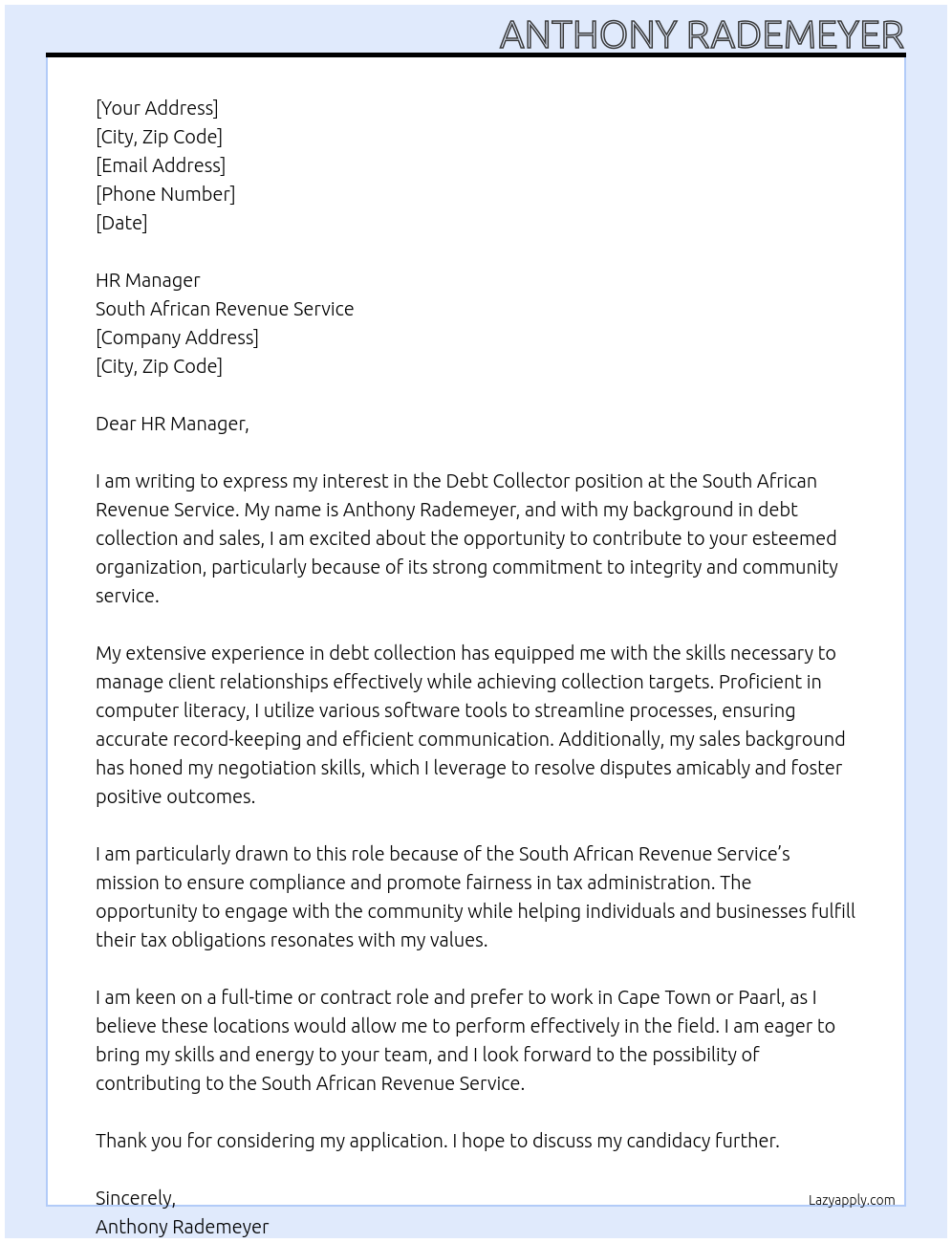 Debt Collector At South African Revenue Service Cover Letter