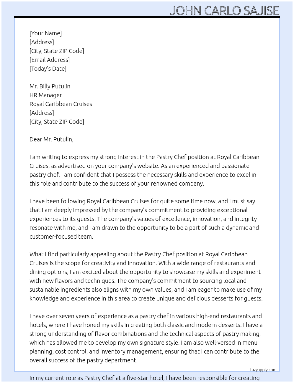 Pastry Chef At Royal Caribbean Cruises Cover Letter