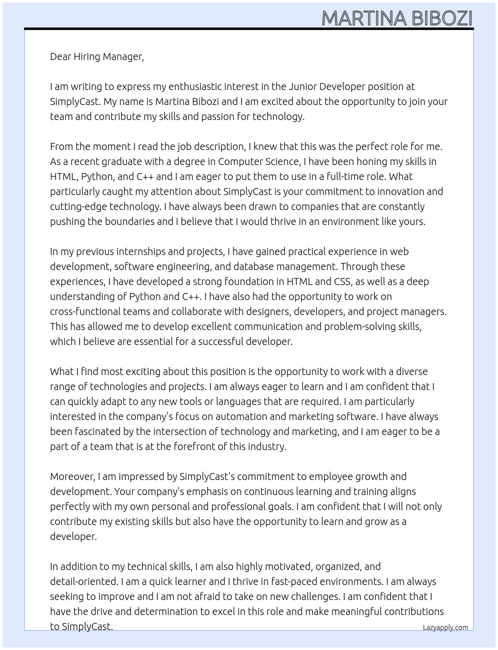 Junior Developer At SimplyCast Cover Letter