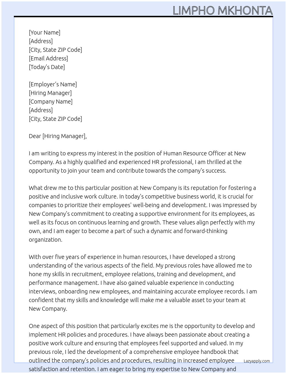 Human Resource Officer At New company Cover Letter