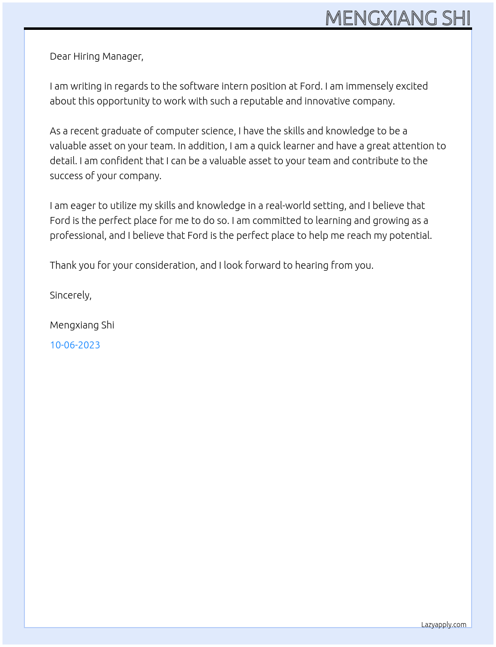 Software Intern At ford Cover Letter