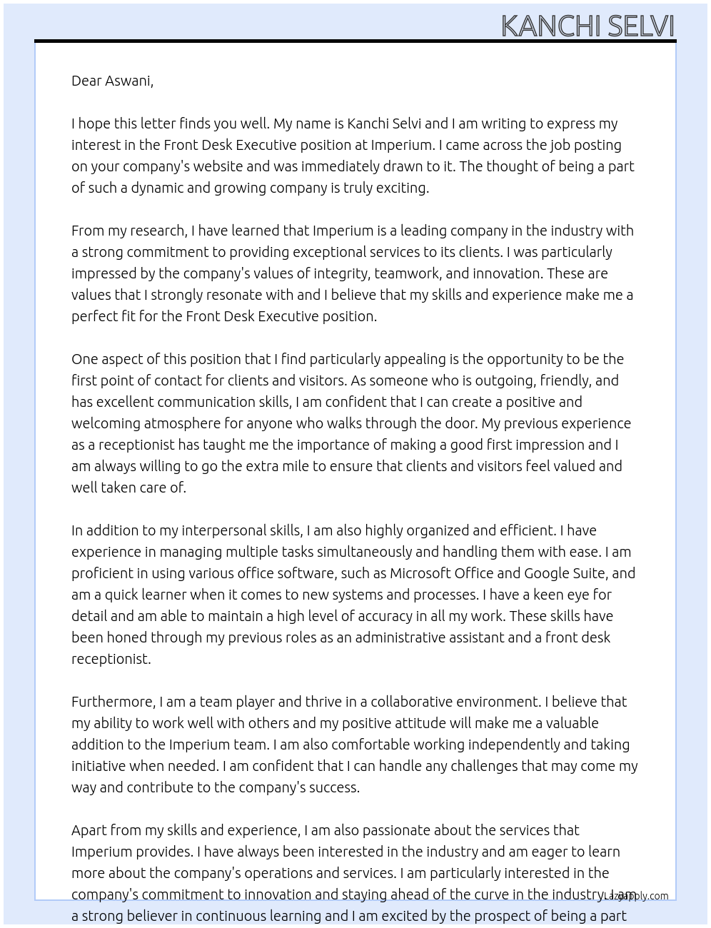 Front Desk Executive At Imperium Cover Letter