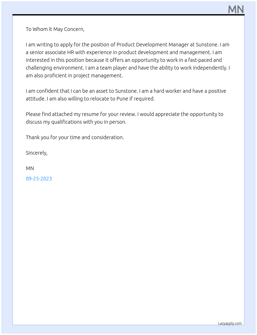Product development manager  At Sunstone Cover Letter