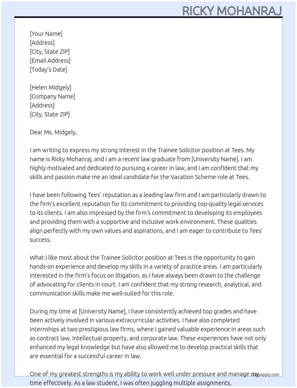Trainee Solicitor At Tees Cover Letter